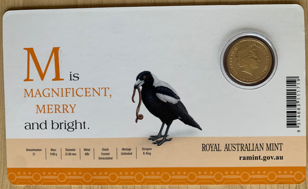 2017 Aussie Alphabet Coloured $1 coin "M" Magpie