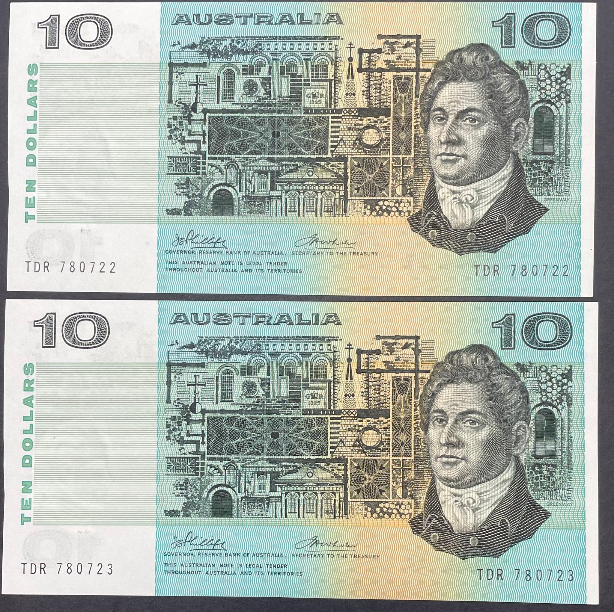 Australia $10 Banknote Phillips/Wheeler Uncirculated Consecutive Pair R305