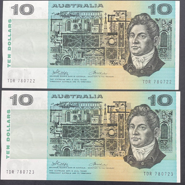 Australia $10 Banknote Phillips/Wheeler Uncirculated Consecutive Pair R305