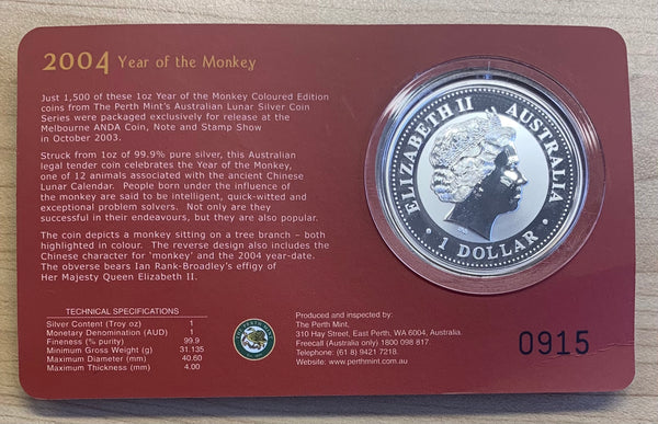 Australia 2004 $1 Year Of The Monkey coloured ANDA Melbourne Limited Edition Silver Coin