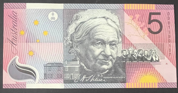 Australia $5 Federation Henry Parks/Catherine Spence JD01 Last Prefix Polymer Uncirculated R219L