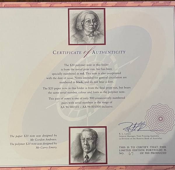 Australia 1994 $20 Last Paper and 1st Polymer Banknote Portfolio Matching Red Serial Numbers