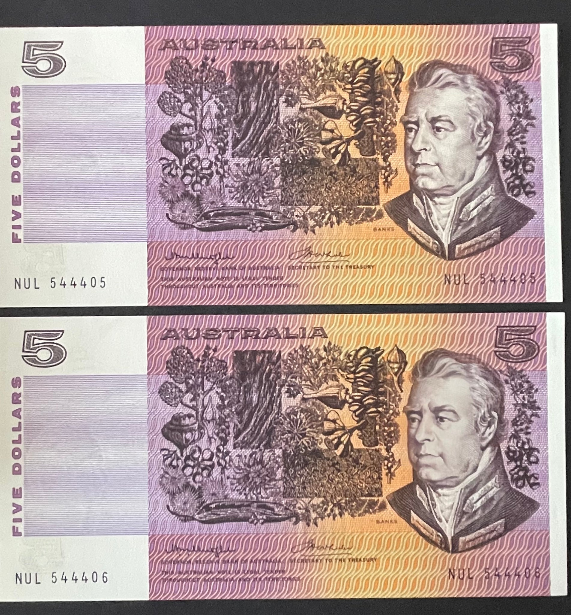 Australia $5 Knight/Wheeler Banknote Consecutive Pair R206b