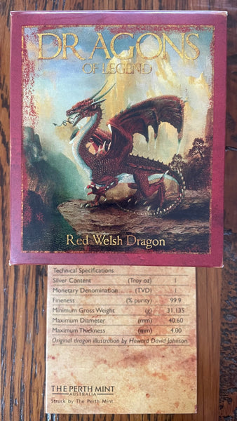 Tuvalu 2012 Perth Mint Coloured Dragons of Legend $1 Red Welsh Dragon Silver Proof Coin