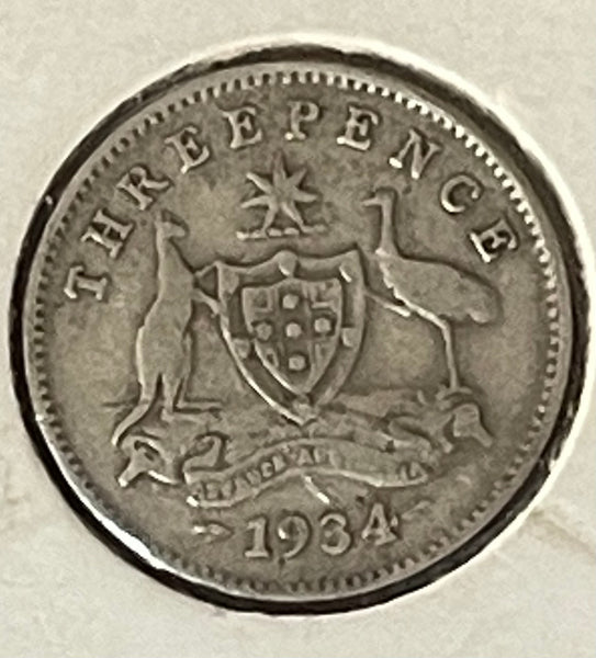 Australia 1934 overdate 1933 3d Threepence Silver Coin Fine Condition