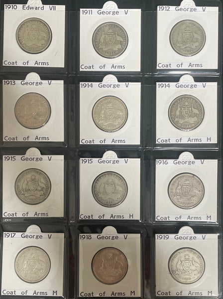 Australia 1910-63 Complete Set of 2/- Florin Silver Coins. Very Good to Extremely Fine