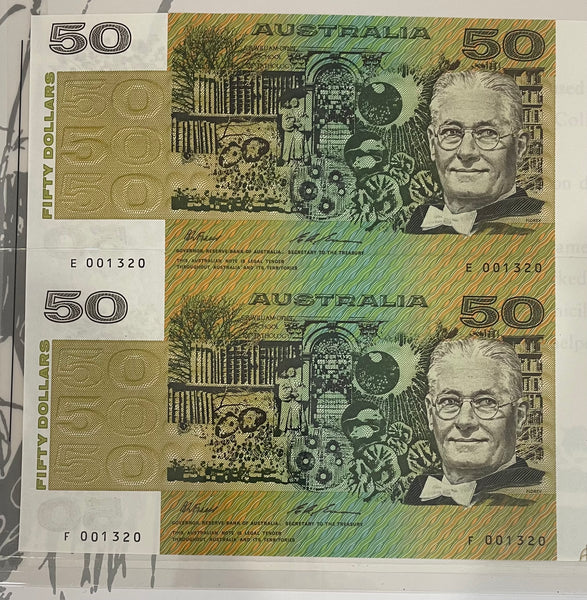 Australia 1994 $50 Paper Uncut Vertical Pair Banknotes Black Serial Number In Folder