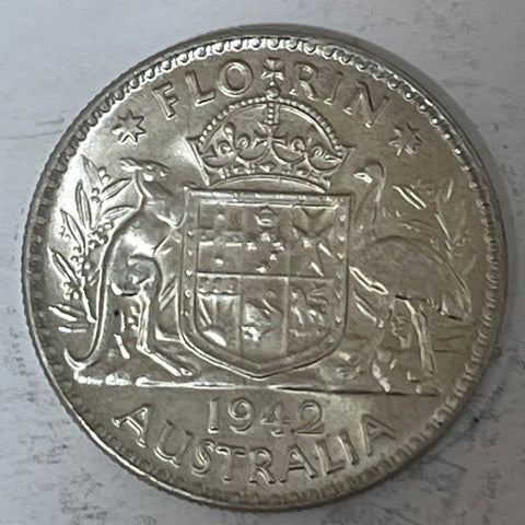 Australia 1942 Melbourne Mint 2/- Florin Silver Coin about Uncirculated