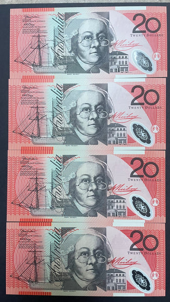 Australia 2002 $20 Macfarlane Henry Polymer R420aL Last Prefix KM 02 Uncirculated Run of 4