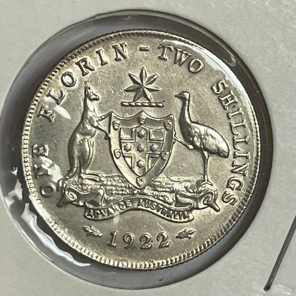 Australia 1922 2/- Florin Silver Coin Uncirculated Condition