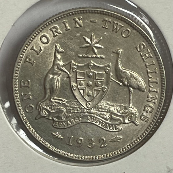 Australia 1932 Silver 2/- Florin rare date in about Uncirculated Condition