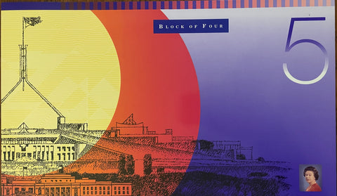 Australia 1996 $5 Polymer Fraser/Evans Uncut Block of 4 Black serial number Banknote