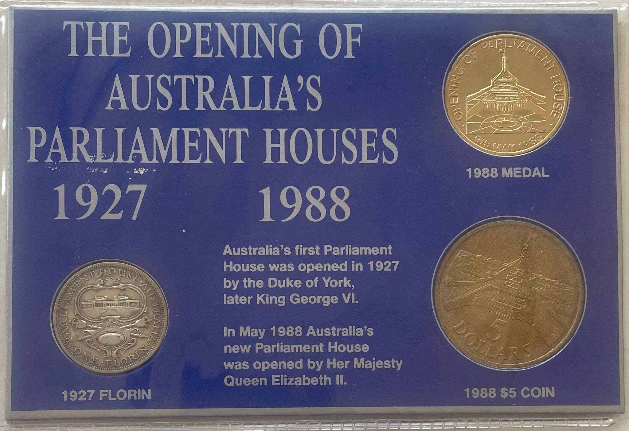 Australia 1927 Canberra Florin,  1988 Opening of Parliament Medal & $5 New Parliament House coin