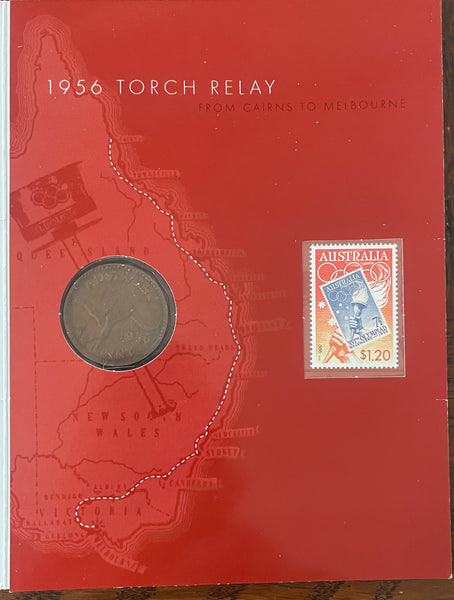 Australia 1956 Melbourne Olympic Torch Relay Coin Stamp Folder