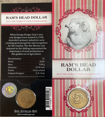 Australia 2011 Royal Australian Mint $1 Ram's Head Dollar 'P' Perth Counterstamp