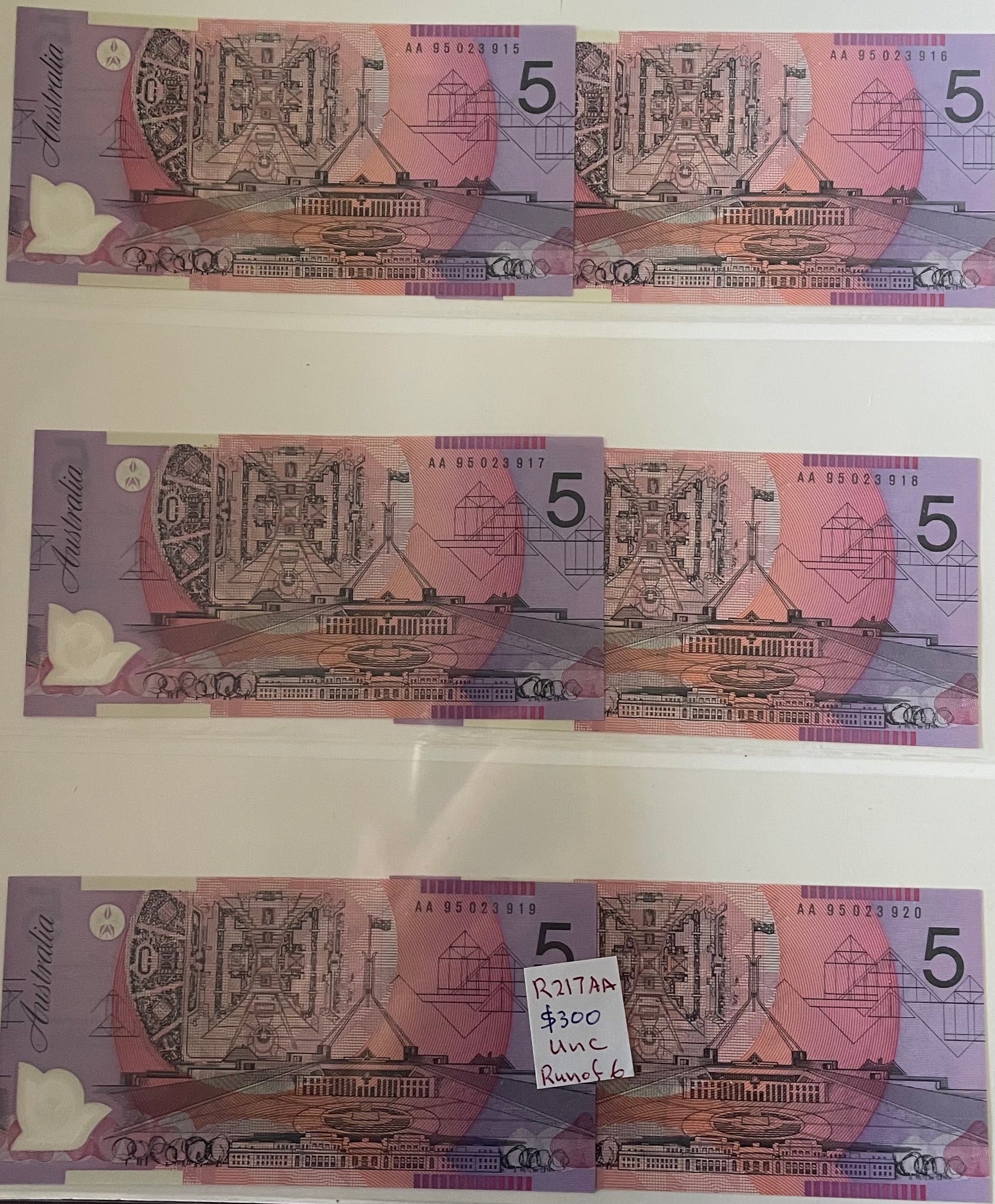 Australia 1995 $5 Evan Fraser Polymer Banknote Uncirculated Run of 6 R217AA