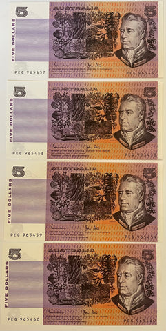 Australia R208 $5 Johnston/Stone Uncirculated Run of 4