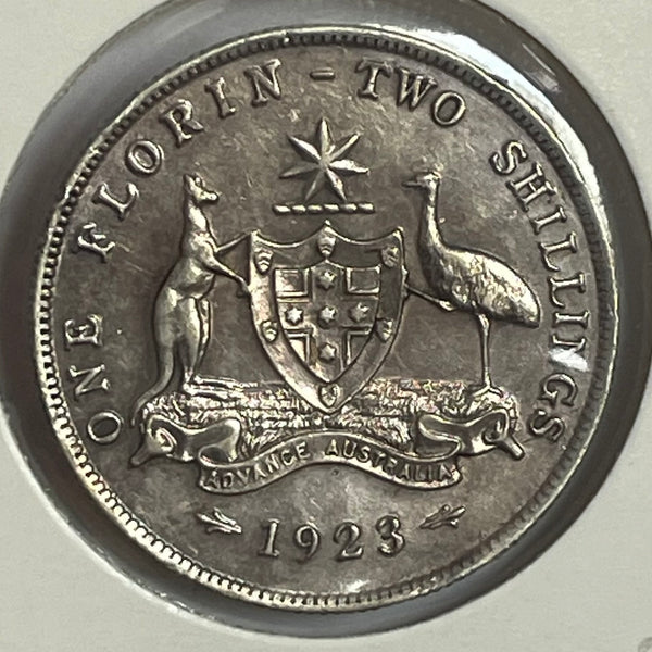 Australia 1923 2/- Florin Silver Coin about Uncirculated Condition