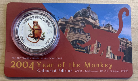 Australia 2004 $1 Year Of The Monkey coloured ANDA Melbourne Limited Edition Silver Coin