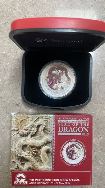 Australia 2012 Year of the Dragon ANDA Brisbane Show .999 1oz Coloured Silver Coin