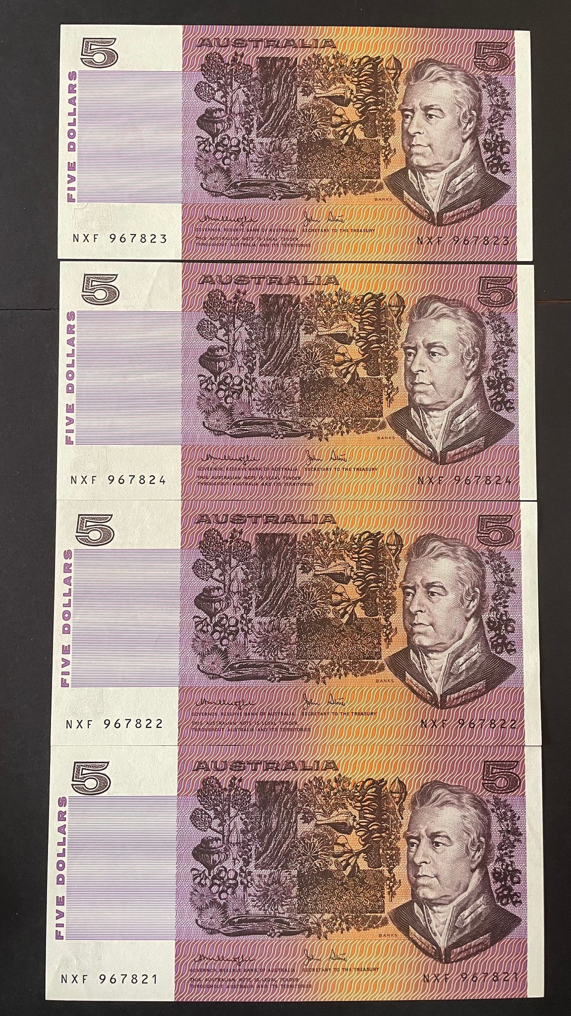 R207F $5 Knight/Stone Banknote Uncirculated Run of 4 First Prefix