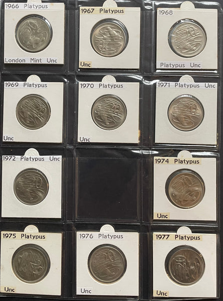 Australia 1966 to 2017 Uncirculated Twenty Cents 20c Collection 125 Coins