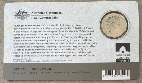 2017 Australia Battle of Passchendaele 50c Fifty Cents Carded Uncirculated Coin