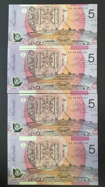 Australia 1995 $5 Evans Fraser Polymer Banknote Uncirculated Run of 4. R217bL