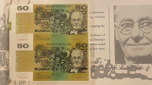 Australia 1994 $50 Paper Uncut Vertical Pair Banknotes Red Serial Number In Folder