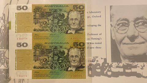 Australia 1994 $50 Paper Uncut Vertical Pair Banknotes Red Serial Number In Folder