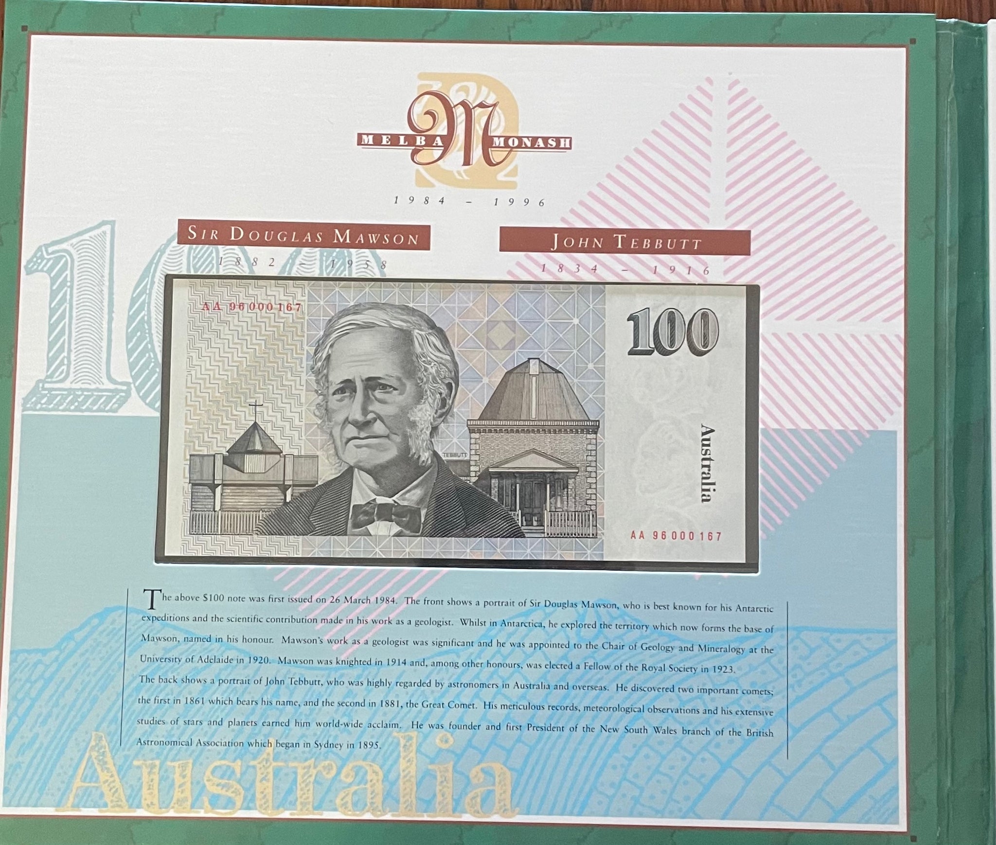Australia 1996 $100 Last Paper and First Polymer Uncirculated Banknote Portfolio Red Serial Numbers