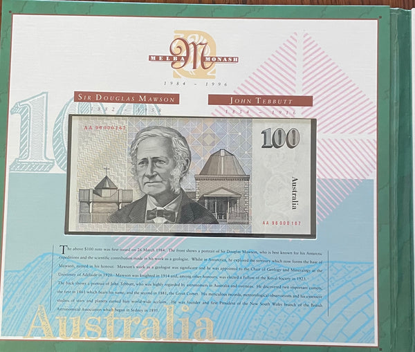 Australia 1996 $100 Last Paper and First Polymer Uncirculated Banknote Portfolio Red Serial Numbers