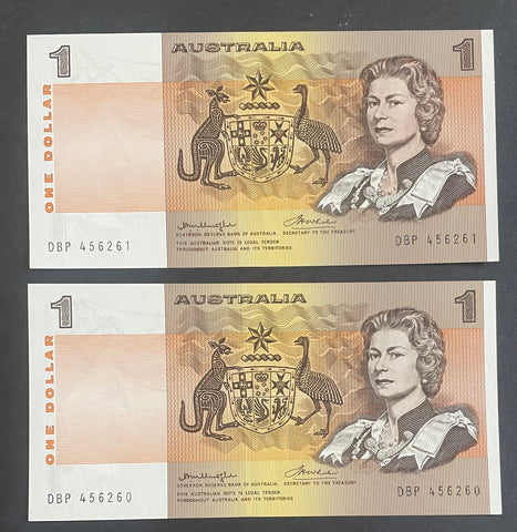 Australian 1976 $1 R76bi Knight Wheeler Uncirculated Banknote DPB Pair