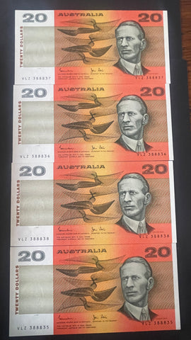 Australia 1983 $20 Johnston Stone Banknote Uncirculated Consecutive run of 4. R408