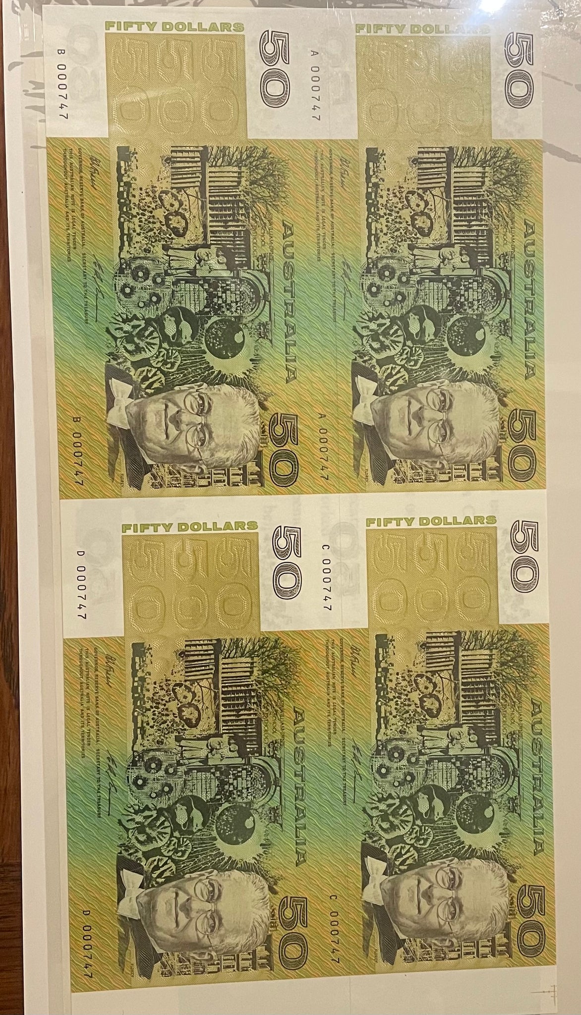 Australia 1994 $50 Paper Uncut Block of 4 Banknotes Black Serial Number In Folder