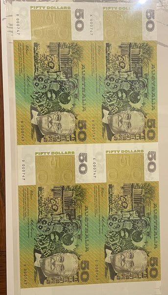 Australia 1994 $50 Paper Uncut Block of 4 Banknotes Black Serial Number In Folder
