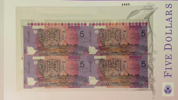 Australia 1996 $5 Polymer Fraser/Evans Uncut Block of 4 Black serial number Banknote