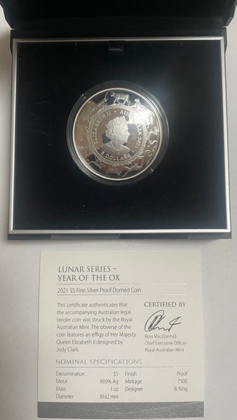 Australia 2021 Royal Australian Mint $5 Lunar New Year of the Ox 1oz Silver Proof Domed Coin