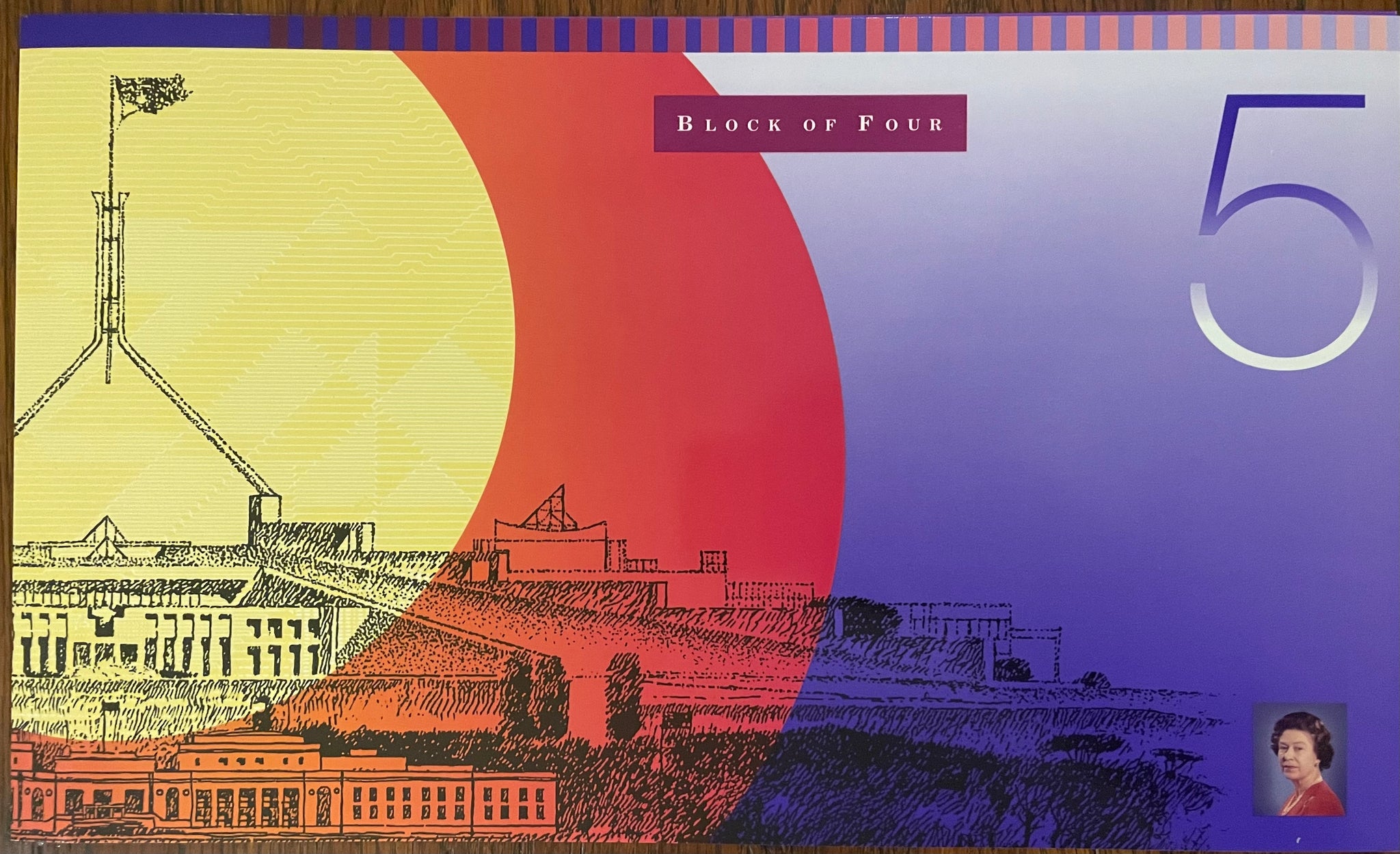 Australia 1996 $5 Polymer Fraser/Evans Uncut Block of 4 Red serial number Banknote