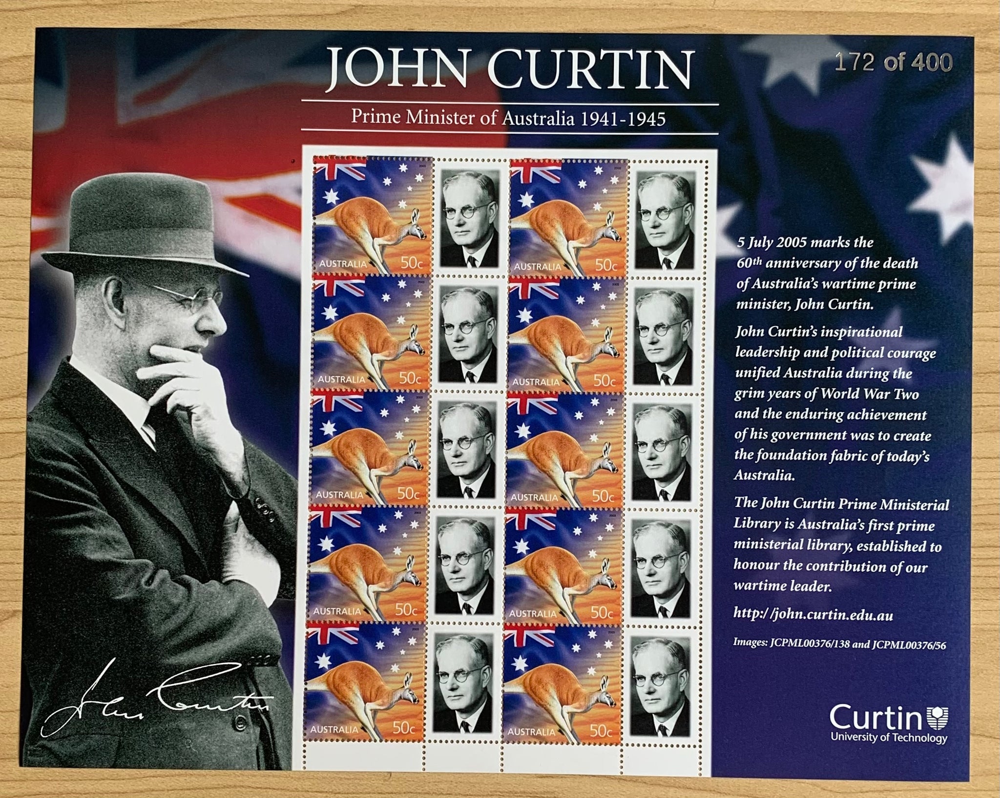 Australia 50c John Curtin Prime Minister Limited Edition Sheet 172 / 400