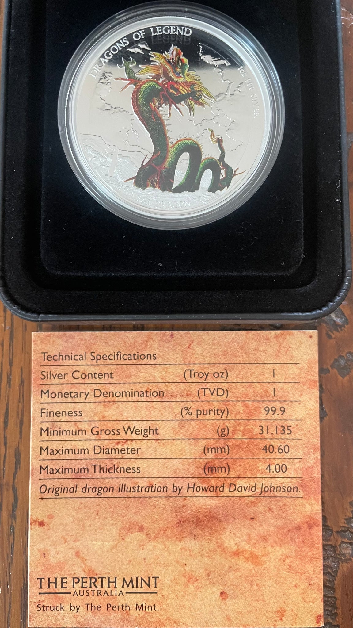 Tuvalu 2012 Perth Mint Coloured Dragons of Legend $1 Chinese Dragon Silver Proof Coin