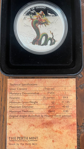 Tuvalu 2012 Perth Mint Coloured Dragons of Legend $1 Chinese Dragon Silver Proof Coin