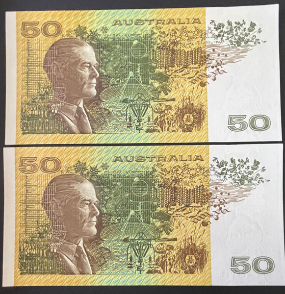 Australia 1991 $50 Fraser/Cole Banknote Uncirculated Pair R513b