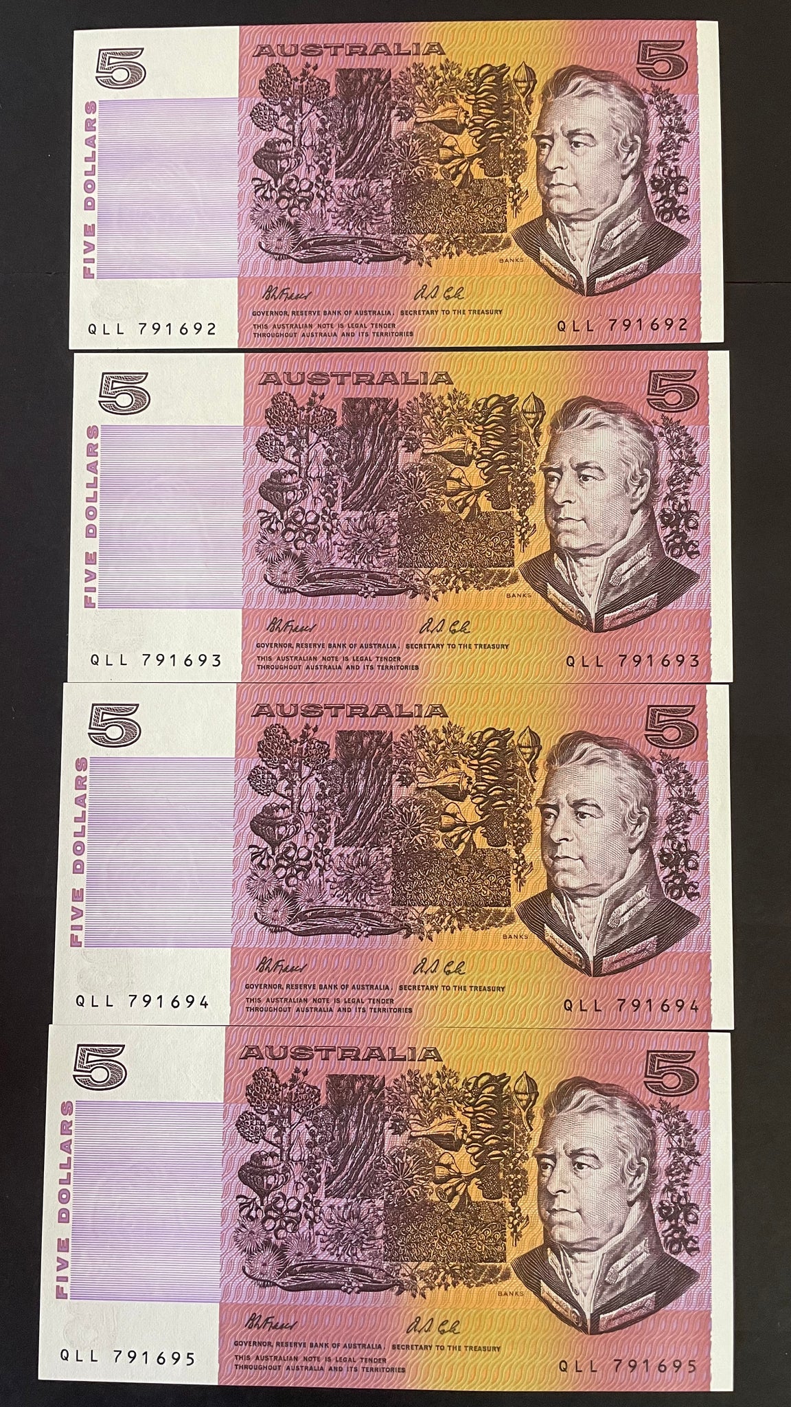Australia 1991 $5 Fraser Cole Five Dollars Banknote Run of 4. R213
