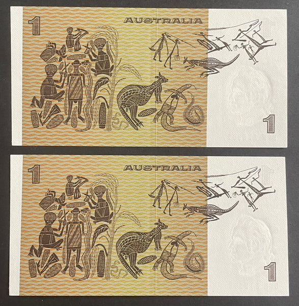 Australia 1974 $1 Phillips Wheeler Pair, about Uncirculated, light folds. R75