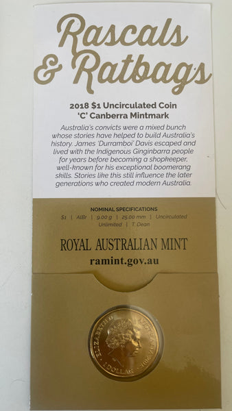 Australia 2018 $1 One Dollar RASCALS & RATBAGS James Davis 'C' mintmark