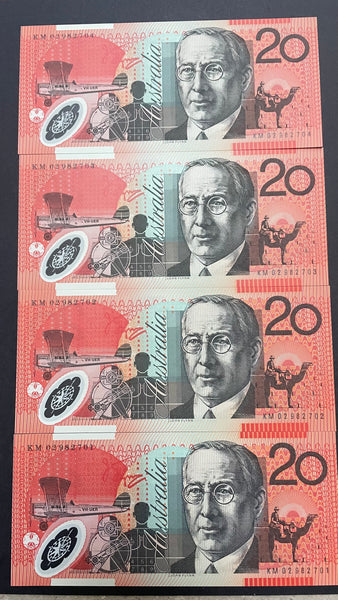 Australia 2002 $20 Macfarlane Henry Polymer R420aL Last Prefix KM 02 Uncirculated Run of 4