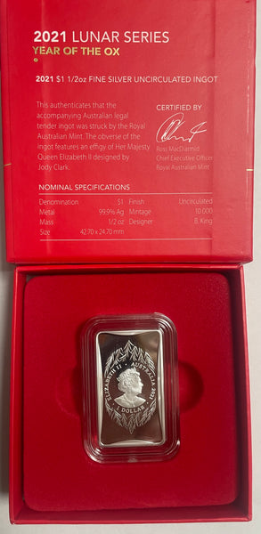 Australia 2021 Royal Australian Mint $1 Lunar New Year of the Ox 1/2oz Silver Uncirculated Ingot