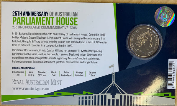 2013 Australian 20c 25th Anniversary Of Parliament House Uncirculated