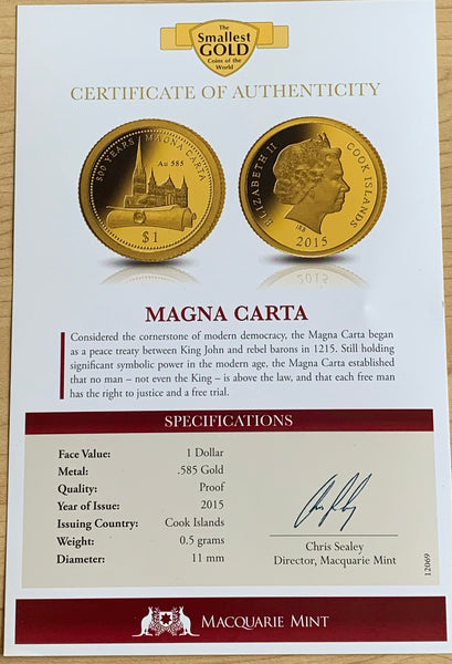 Cook Islands 2015 Macquarie Mint $1 Magna Carta .5 grams of .585 Gold Coin